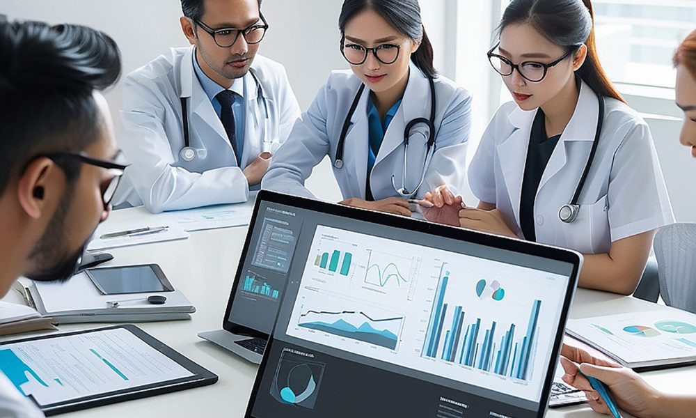 Medical meeting and laptop for team in office in discussion brainstorming and planning Doctor nurse and computer on desk show diversity in collaboration teamwork or workshop for data analytics